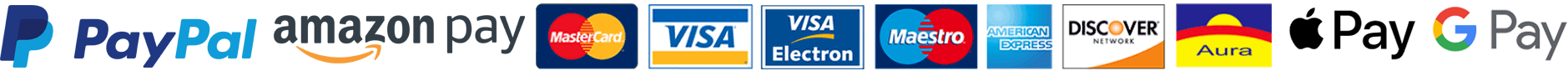 PayPal, MasterCard, VISA, VISA Electron, Maestro, AMEX, Discover, Carta Aura